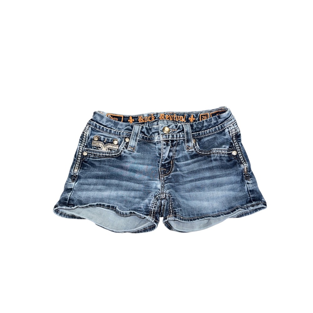 Rock Revival Betty H16 Denim Shorts Womens 26 Blue Fleur De Lis Embellished